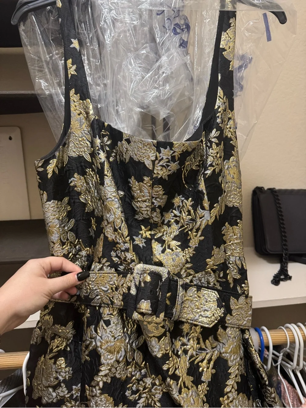 ANTONIO MELANI Black and Gold Floral Brocade Midi Dress - Picture 4 of 5